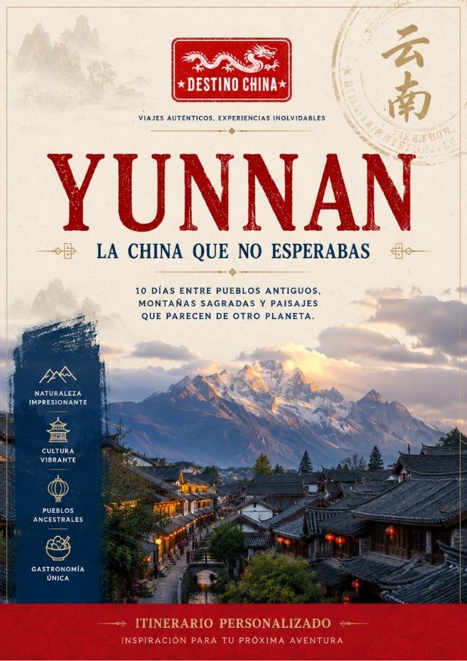 Cartel promocional de la agencia Destino China titulado 'Yunnan: La China que no esperabas'